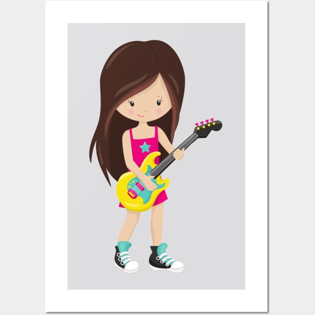 Rock Girl, Brown Hair, Guitar Player, Band, Music Wall Art by Jelena Dunčević